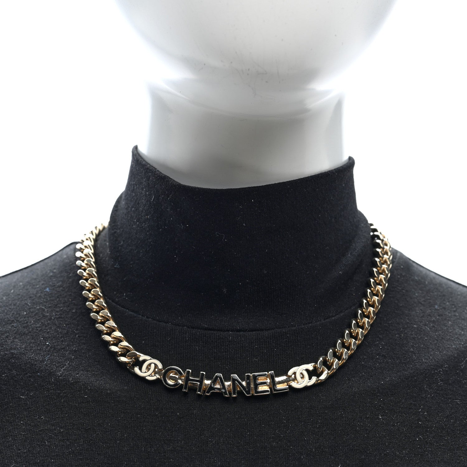 Chanel Enamel Metal Logo Choker Necklace Gold Black White 8 of 8