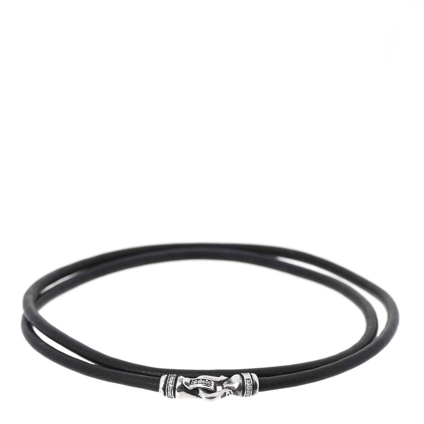 Sterling Silver Diamond Leather Buckle Wrap Bracelet Black