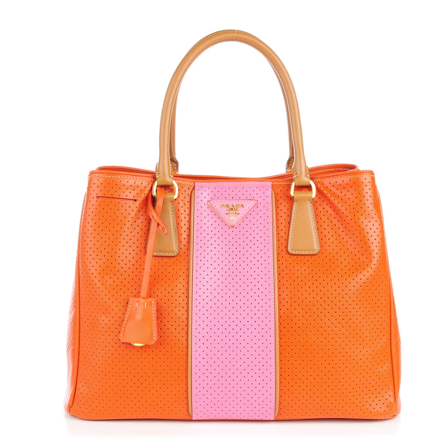 Prada Saffiano Perforated Medium Striped Tote Papaya Caramel 1 of 12