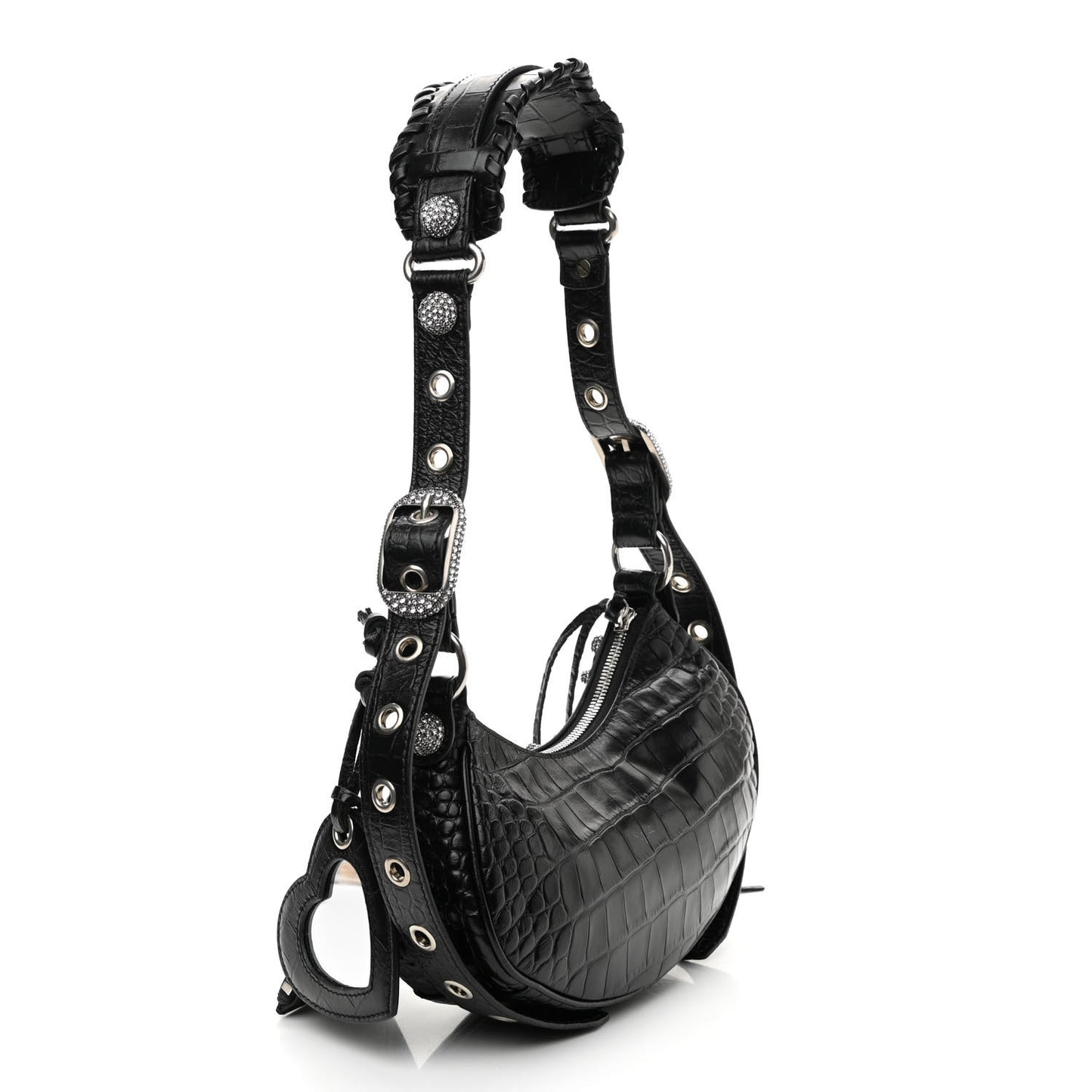 Extra Supple Calfskin Crystal Crocodile Embossed Le Cagole Shoulder Bag XS Black