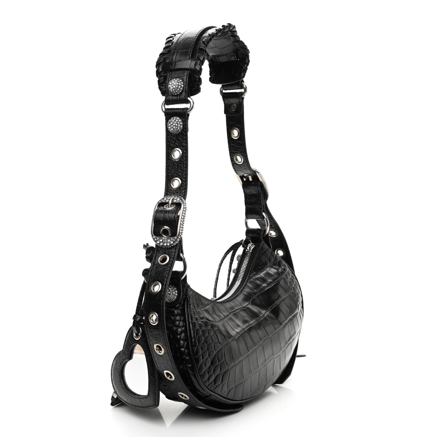 Balenciaga Extra Supple Calfskin Crystal Crocodile Embossed Le Cagole Shoulder Bag XS Black 3 of 10
