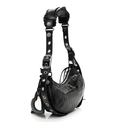 Balenciaga Extra Supple Calfskin Crystal Crocodile Embossed Le Cagole Shoulder Bag XS Black 3 of 10