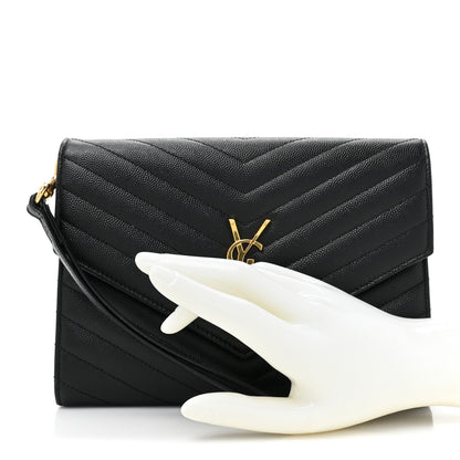 Saint Laurent Grain De Poudre Matelasse Chevron Monogram Envelope Clutch Black 2 of 15