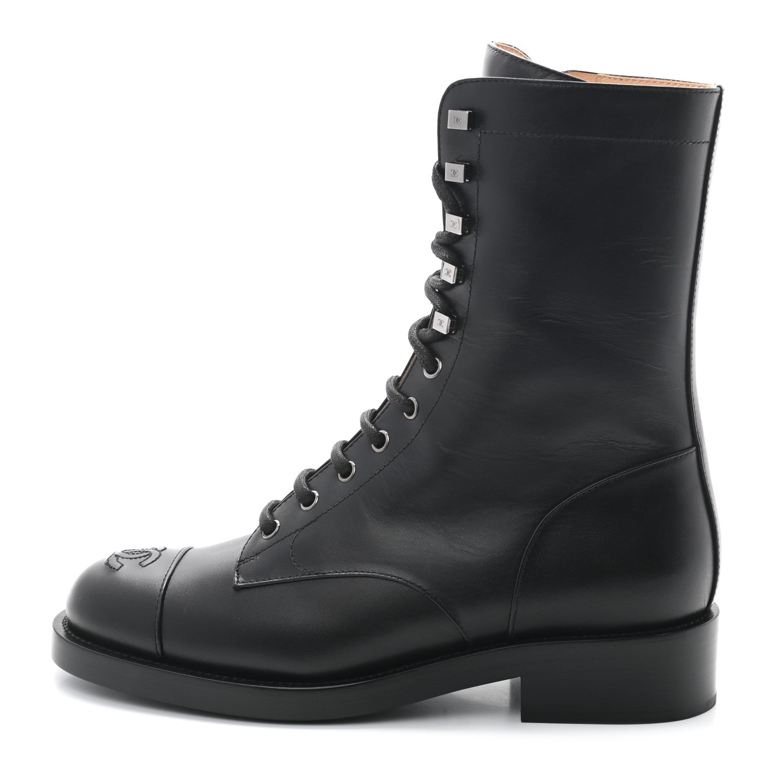 Chanel Calfskin Lace Up Combat Boots 39.5 Black 1 of 8
