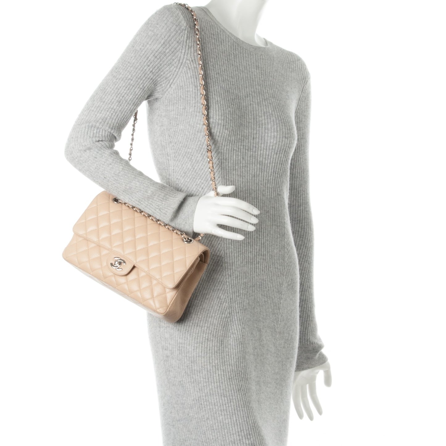 Caviar Quilted Medium Double Flap Beige Clair
