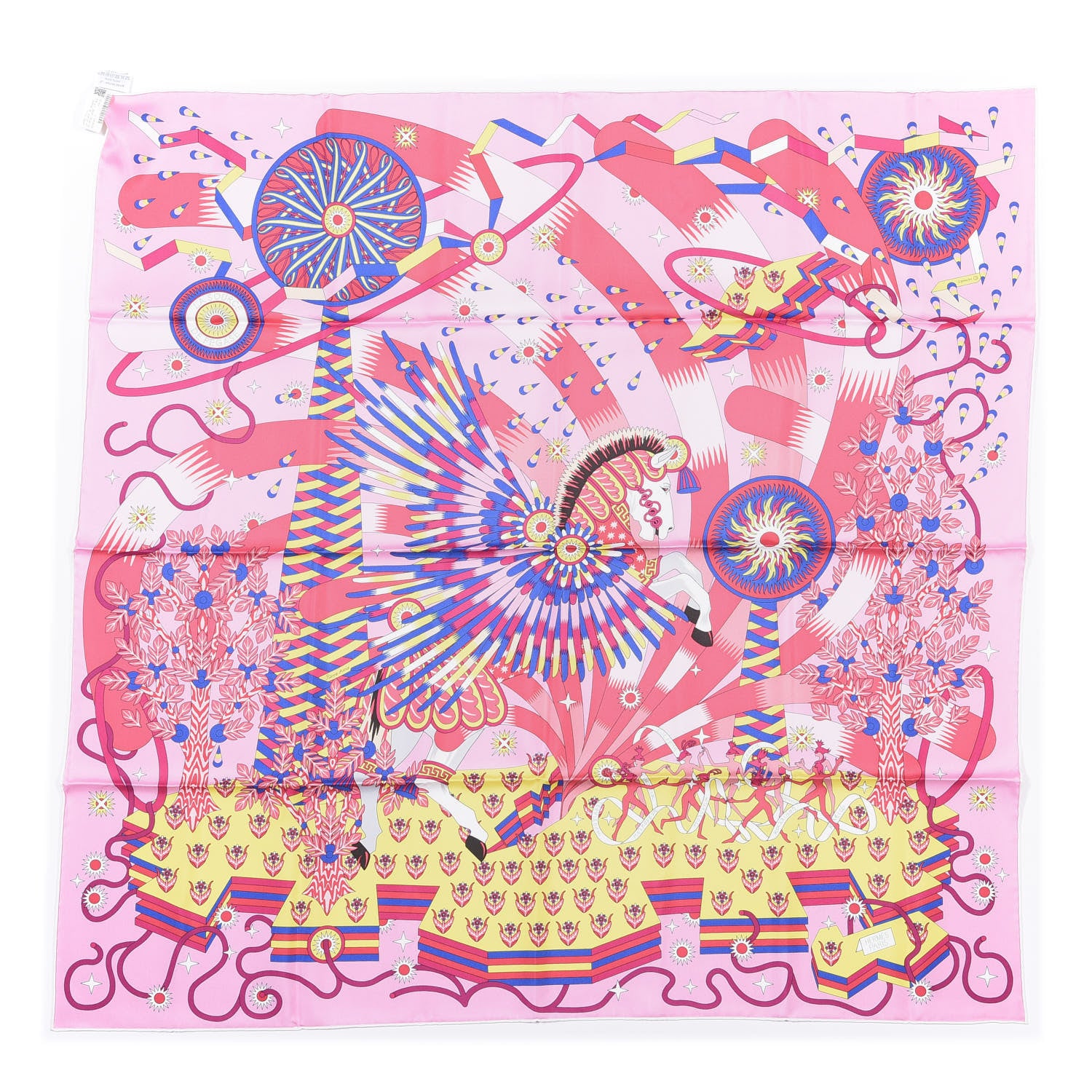 Hermes Silk La Source De Pegase Scarf 90 Rose Jaune Vif Bleu Royal 1 of 6