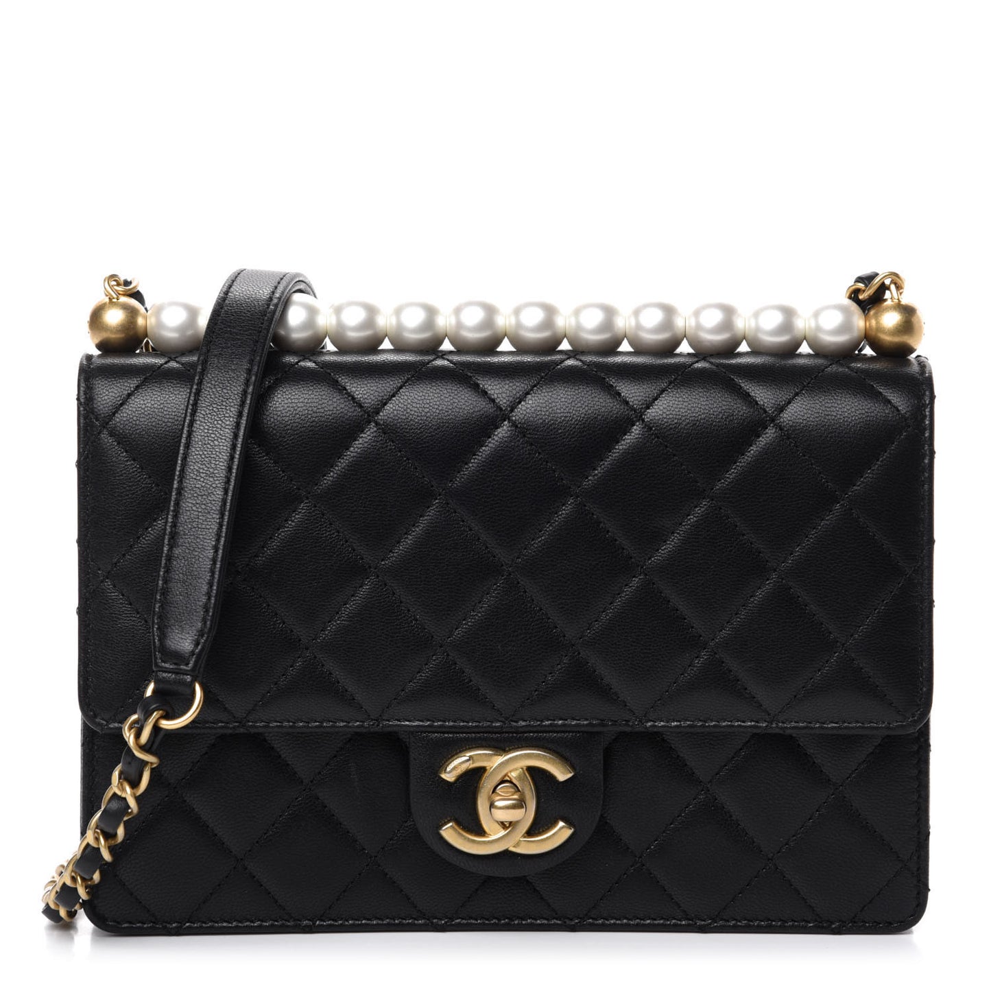 Lambskin Quilted Small Chic Pearls Flap Black