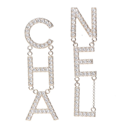 Chanel Crystal Cha-Nel Logo Drop Earrings Gold 1 of 5
