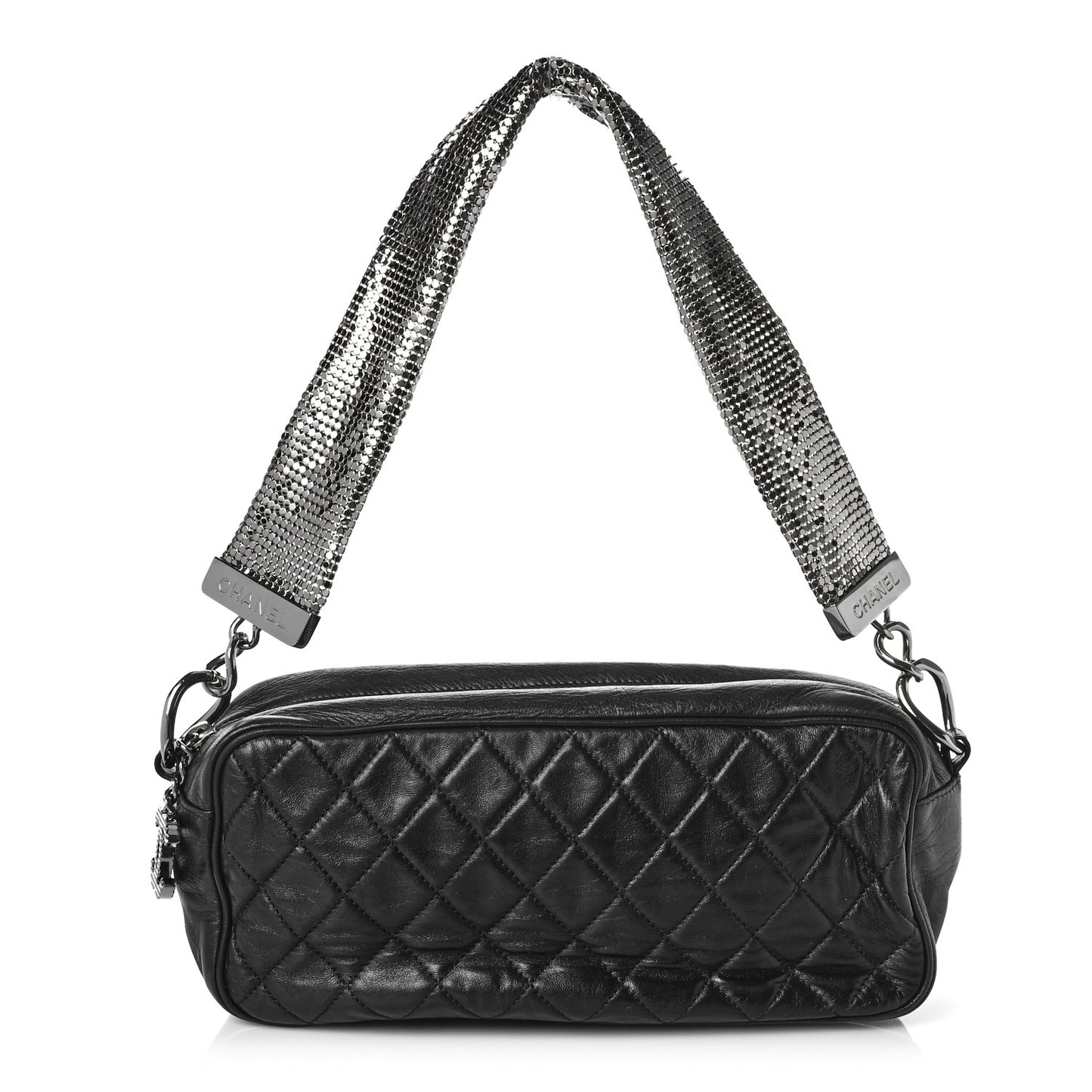 Lambskin Quilted Chain Mail Camera Case Black