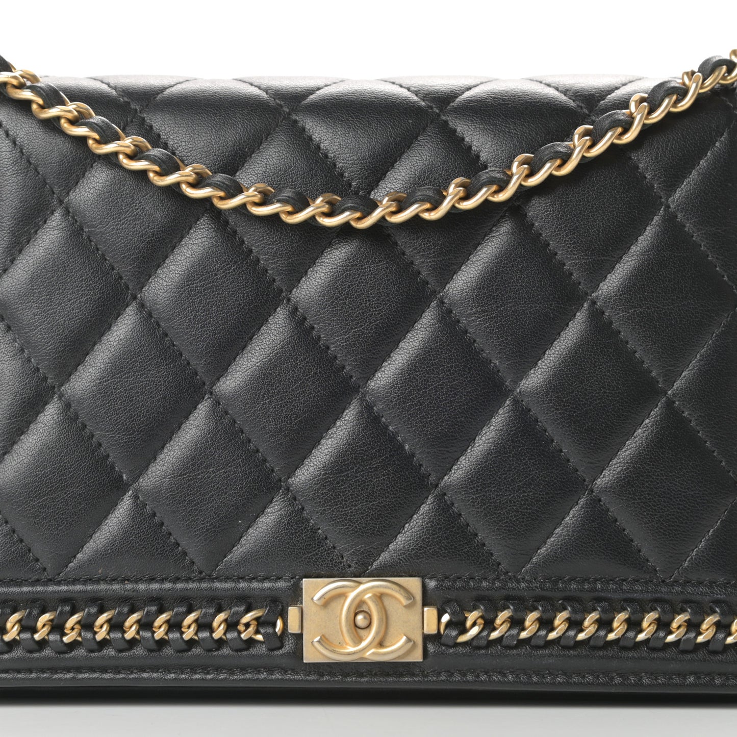 Calfskin Quilted Chain Around Boy Wallet On Chain WOC Black