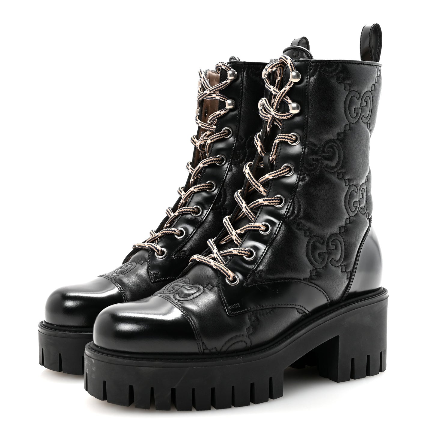 Cordovan Lux Nappa GG Matelasse Lace Up 60mm Combat Boots 35.5 Black