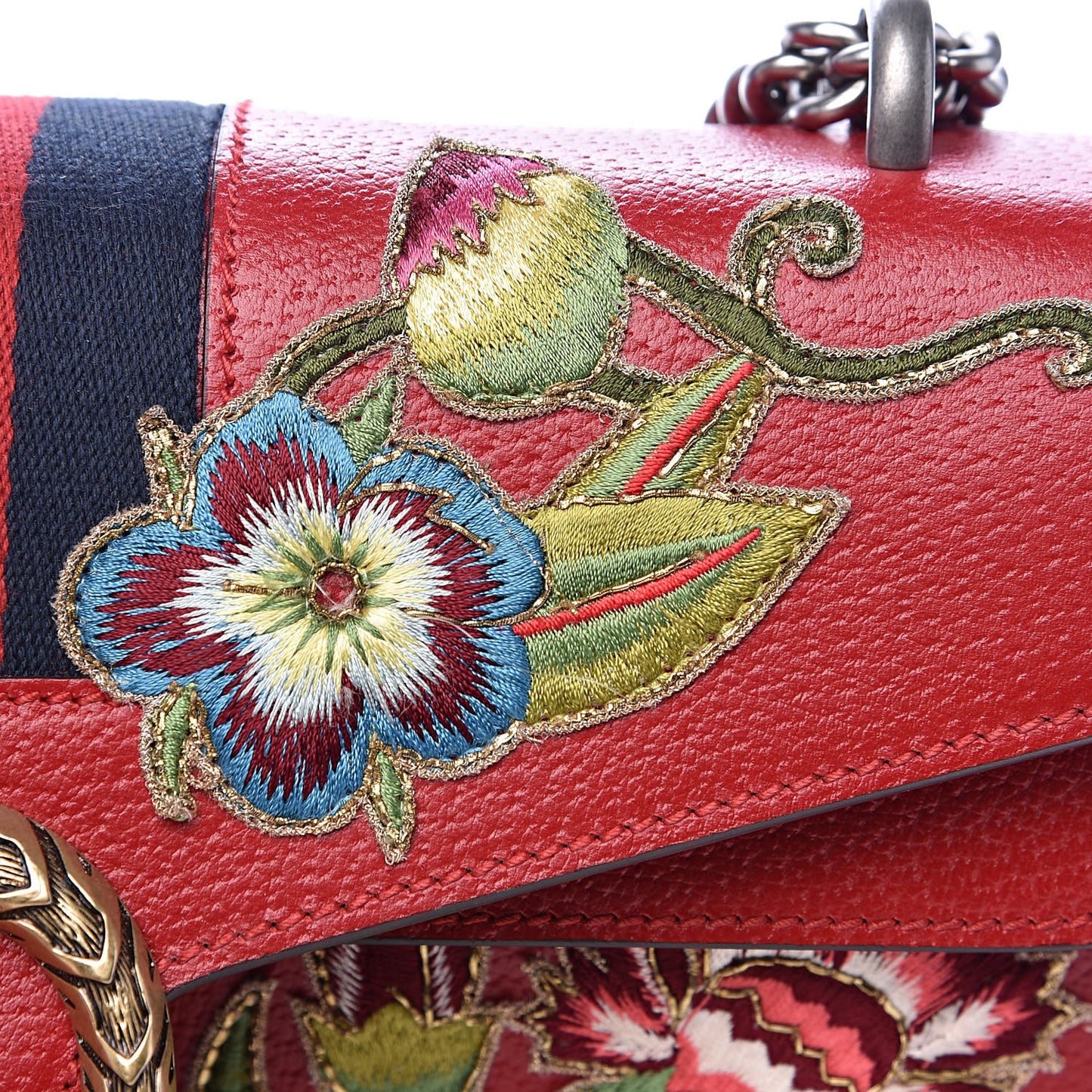Calfskin Web Floral Embroidered Small Dionysus Shoulder Bag Hibiscus Red