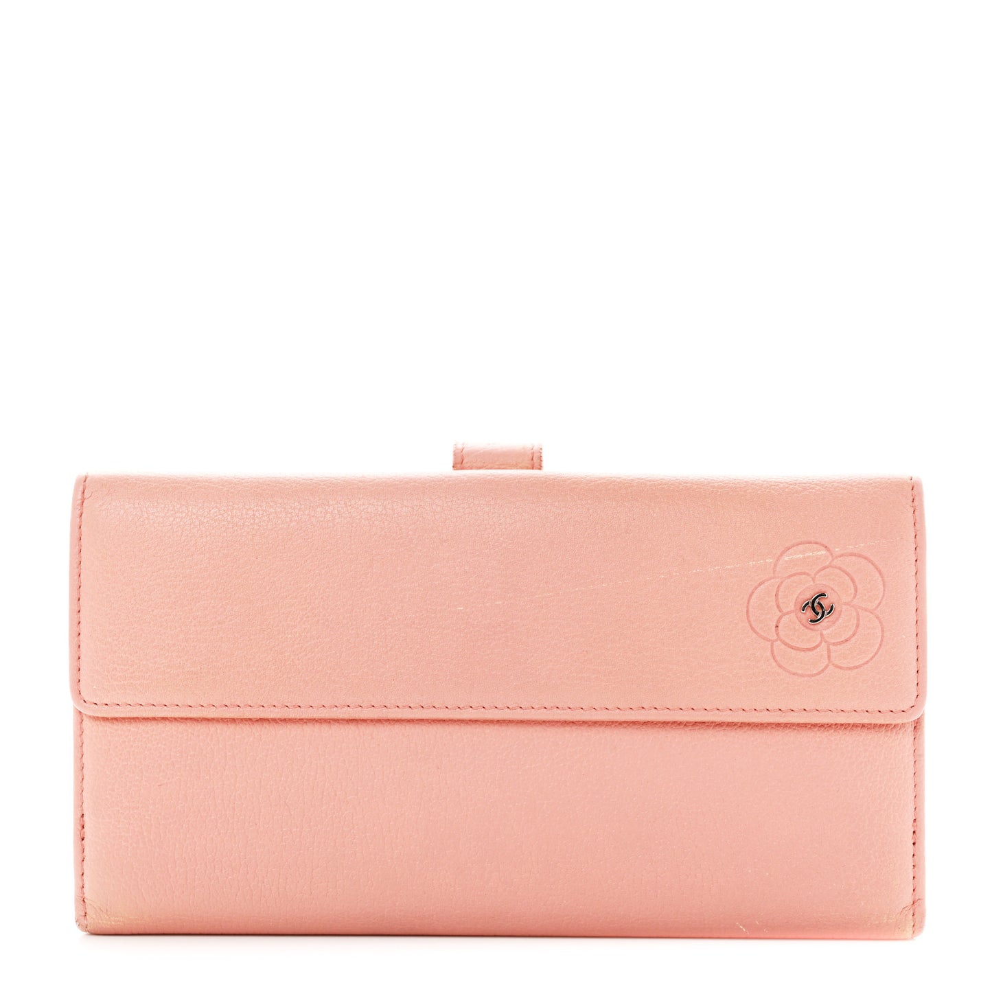Goatskin Camellia Embossed Flap Wallet Pink