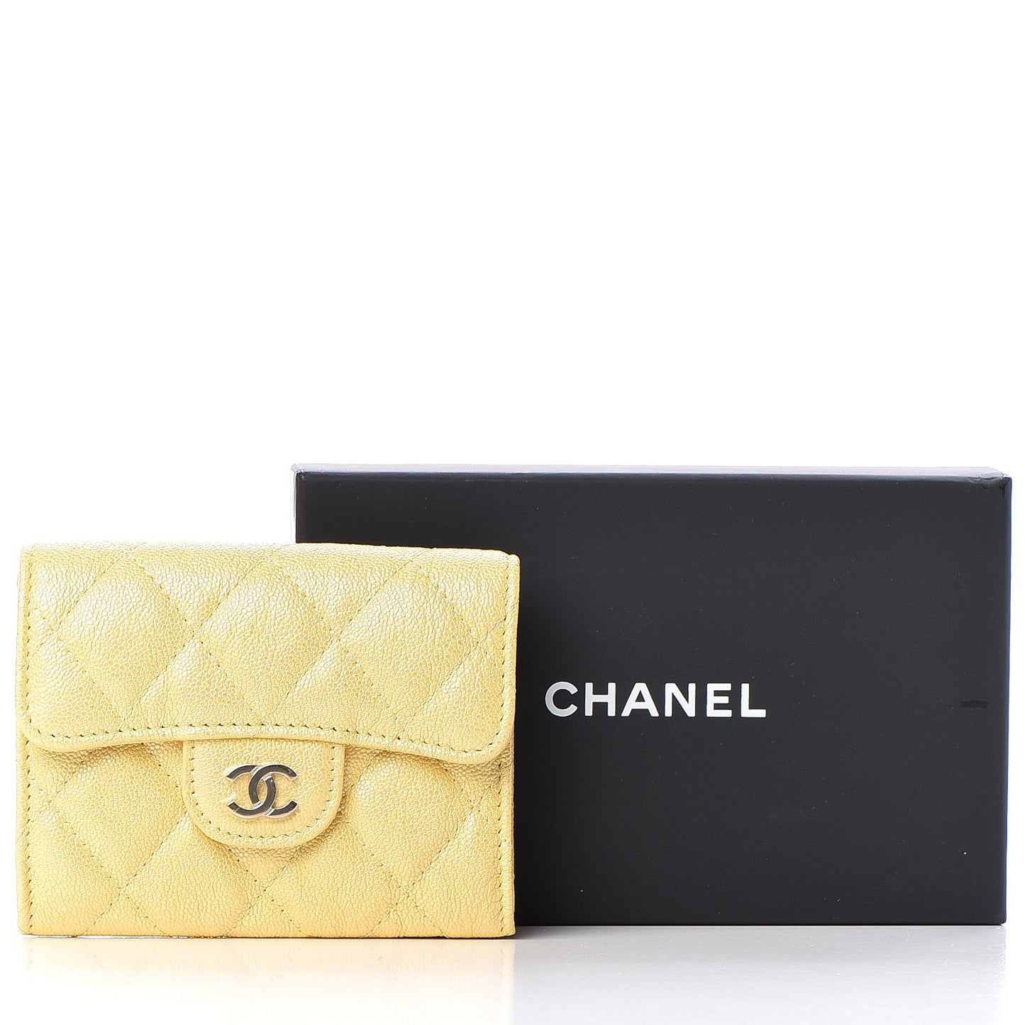 Iridescent Caviar Quilted Flap Card Holder Wallet Yellow