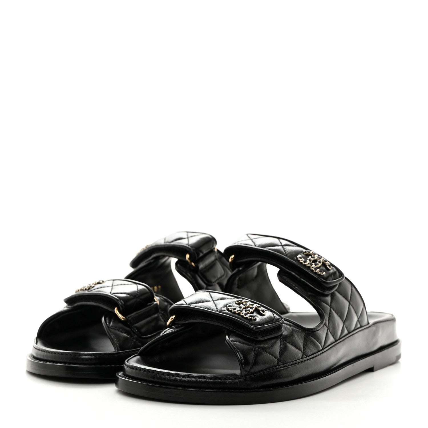 Chanel Lambskin Quilted Velcro Dad Chain CC Slide Sandals 37.5 Black 3 of 9