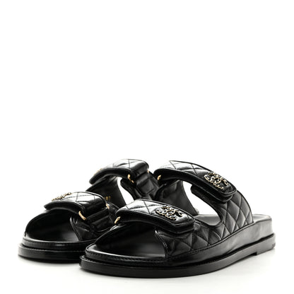 Chanel Lambskin Quilted Velcro Dad Chain CC Slide Sandals 37.5 Black 3 of 9