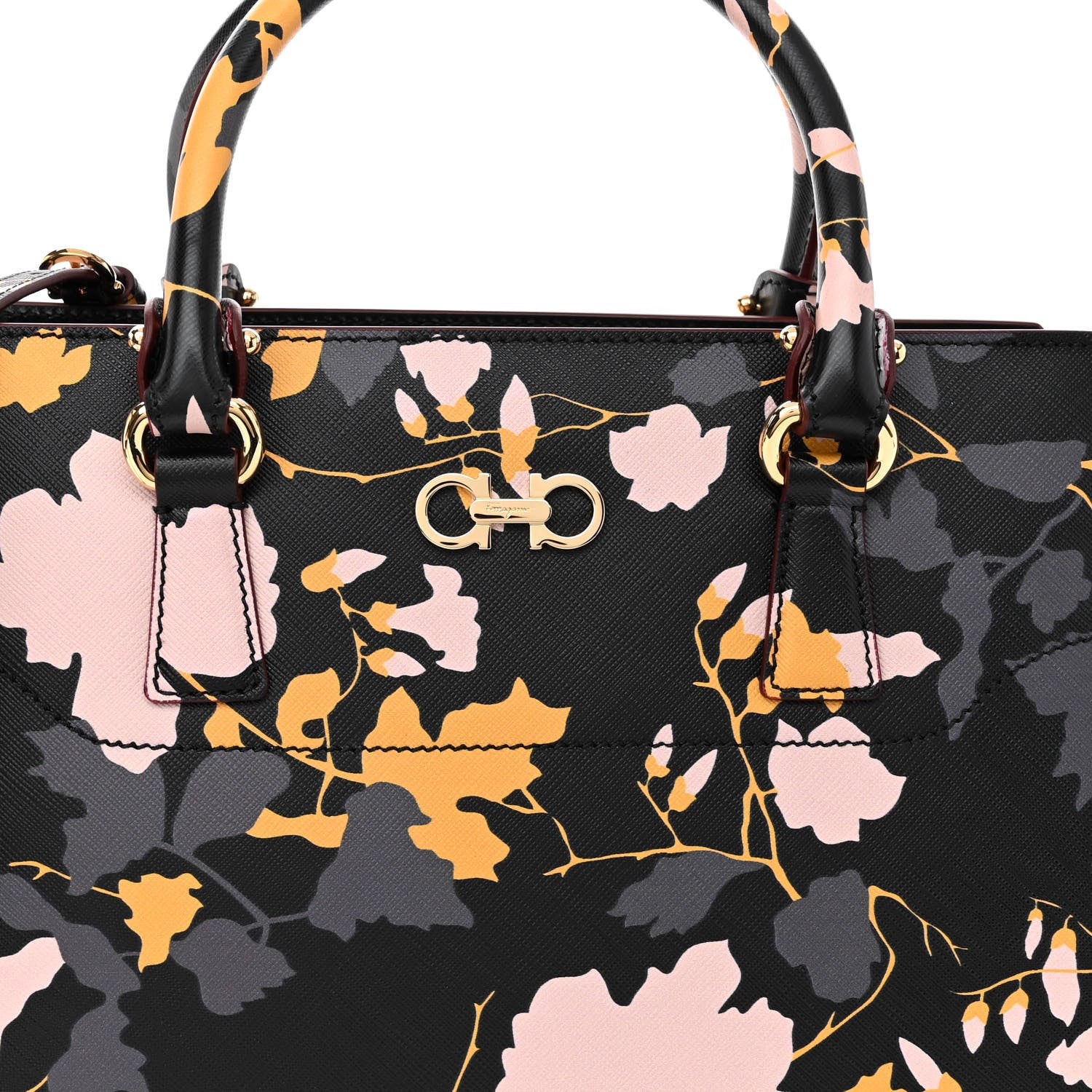 Salvatore Ferragamo Hammered Calfskin Floral Printed Beky Tote Black Multicolor 7 of 10