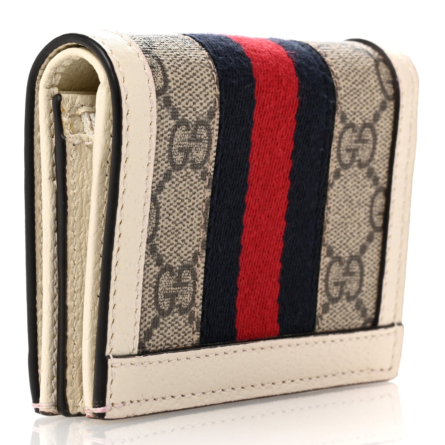 GG Supreme Monogram Textured Dollar Calfskin Web Ophidia Card Case Beige Ebony Mystic White