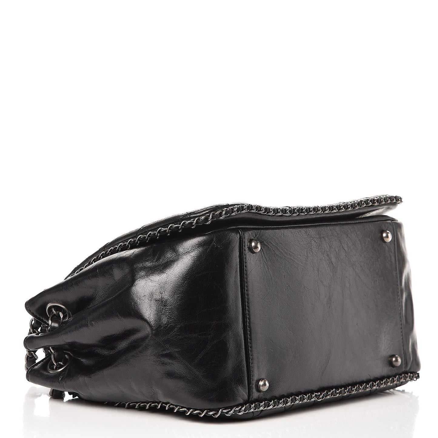 Glazed Calfskin Quilted Large CC Enchained Accordion Flap Black