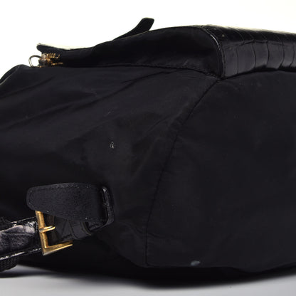Prada Tessuto Nylon Crocodile Embossed Calfskin Cinch Backpack Black 12 of 14
