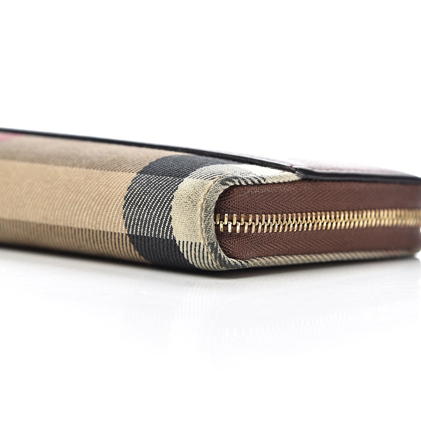 Calfskin House Check Elmore Zip Around Wallet Tan