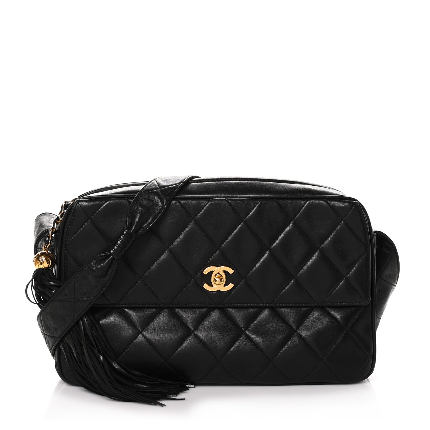 Lambskin Quilted Tassel Camera Case Black