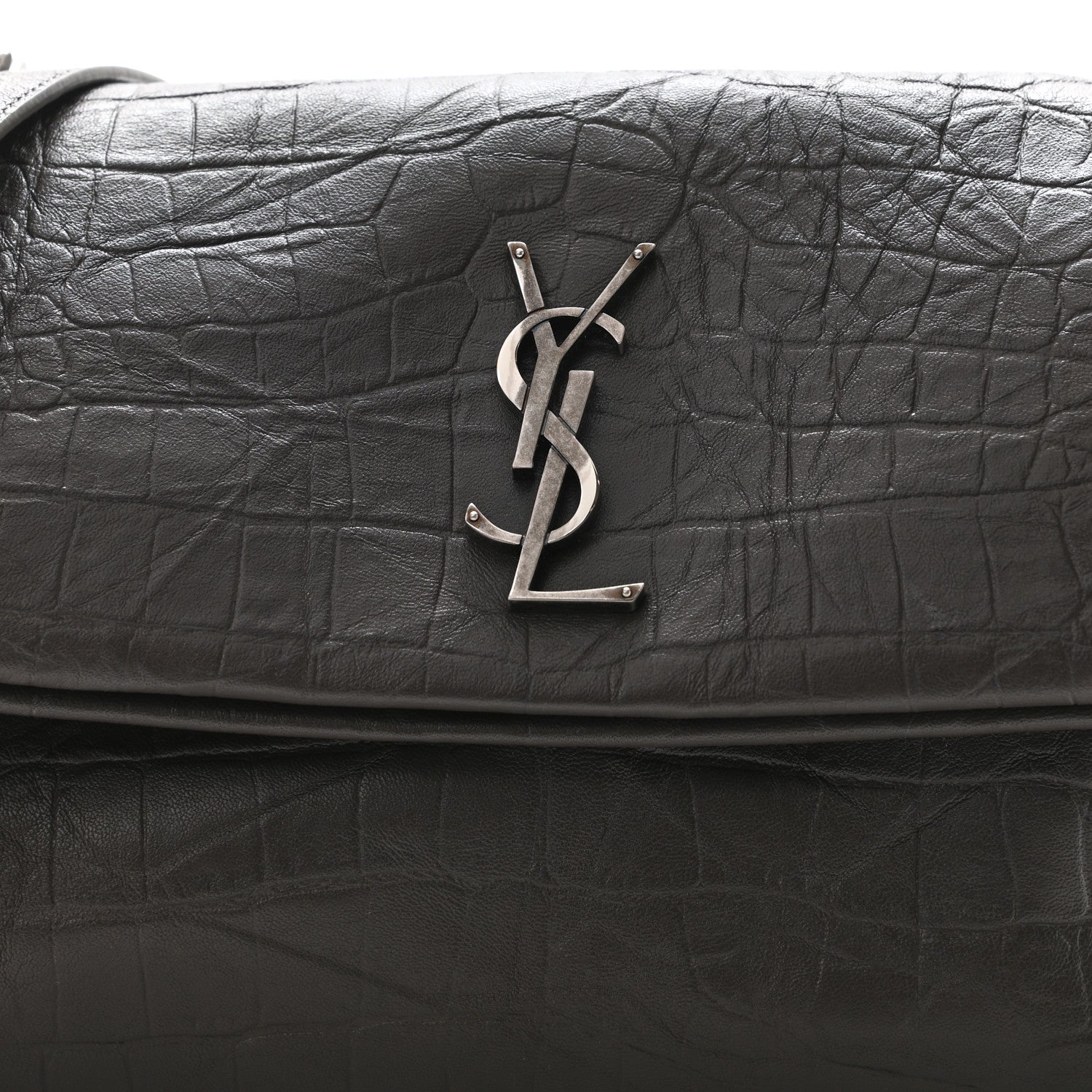 Saint Laurent Calfskin Crocodile Embossed Medium West Hollywood Monogram Fold-Over Grey 9 of 11