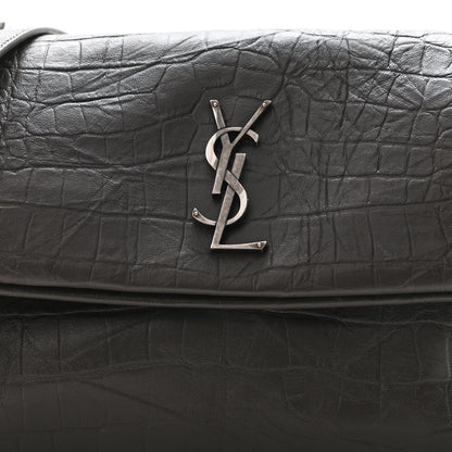 Saint Laurent Calfskin Crocodile Embossed Medium West Hollywood Monogram Fold-Over Grey 9 of 11