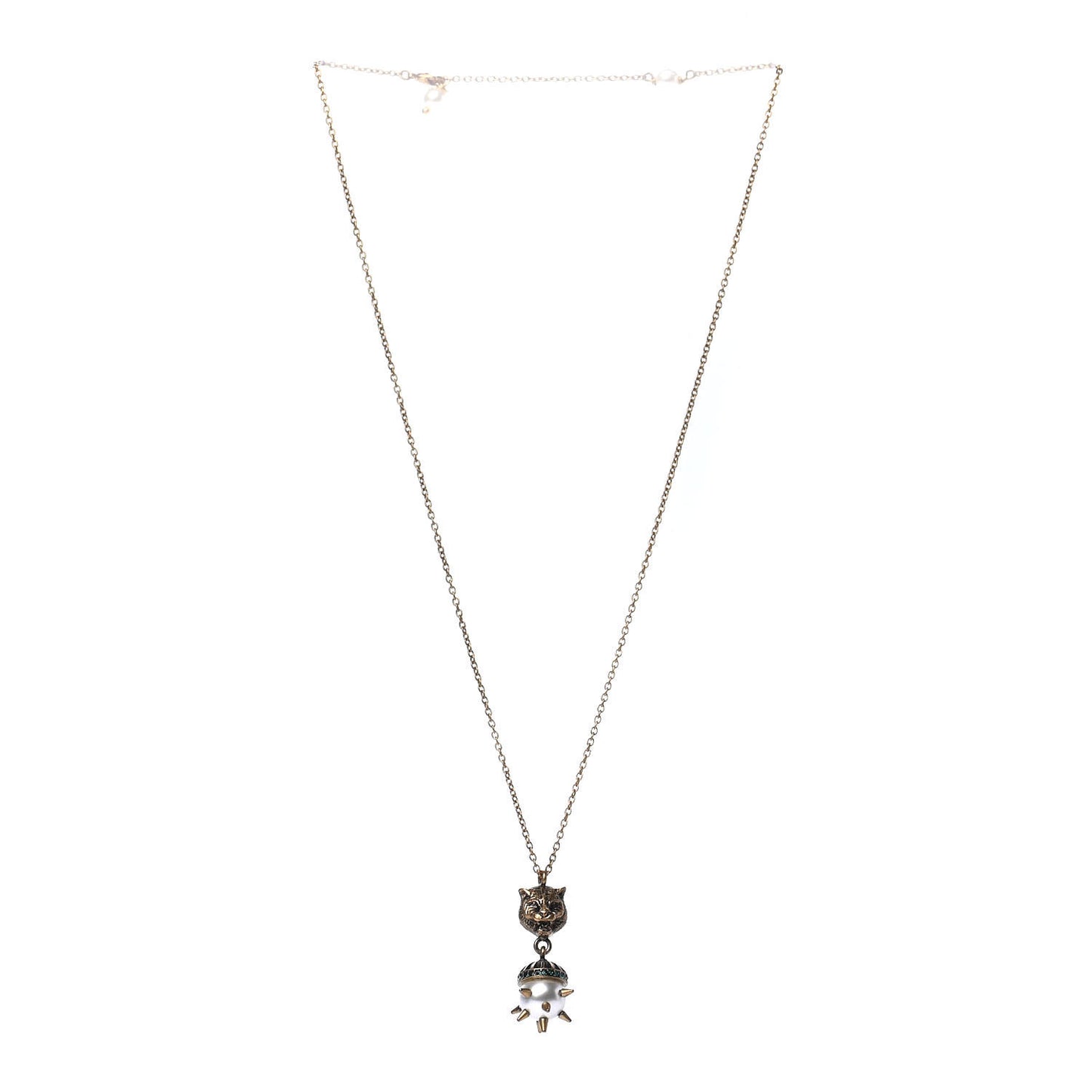 Metal Crystal Pearl Tiger Head Necklace Aged Gold
