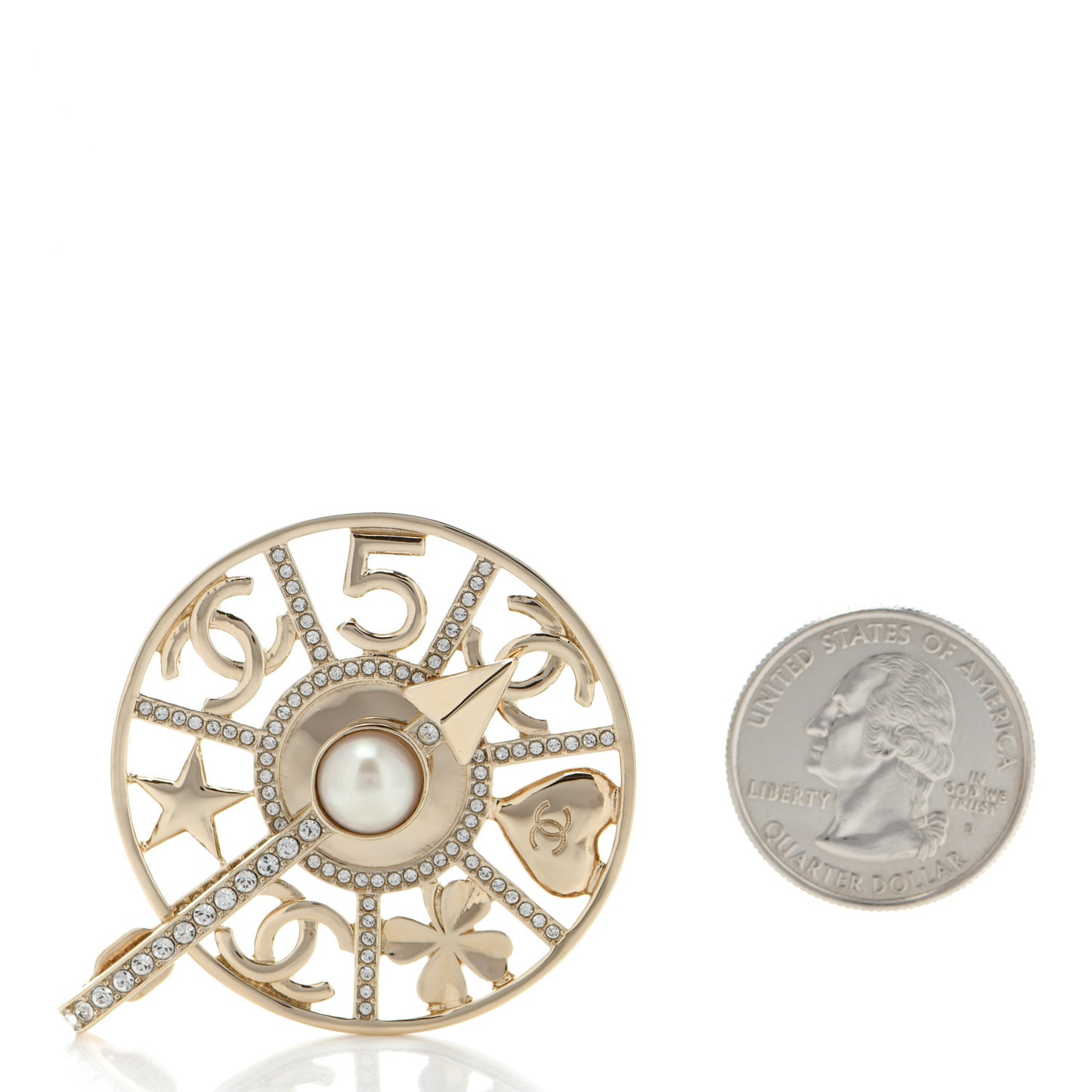 Crystal Pearl CC Charms Brooch Pearly White Gold