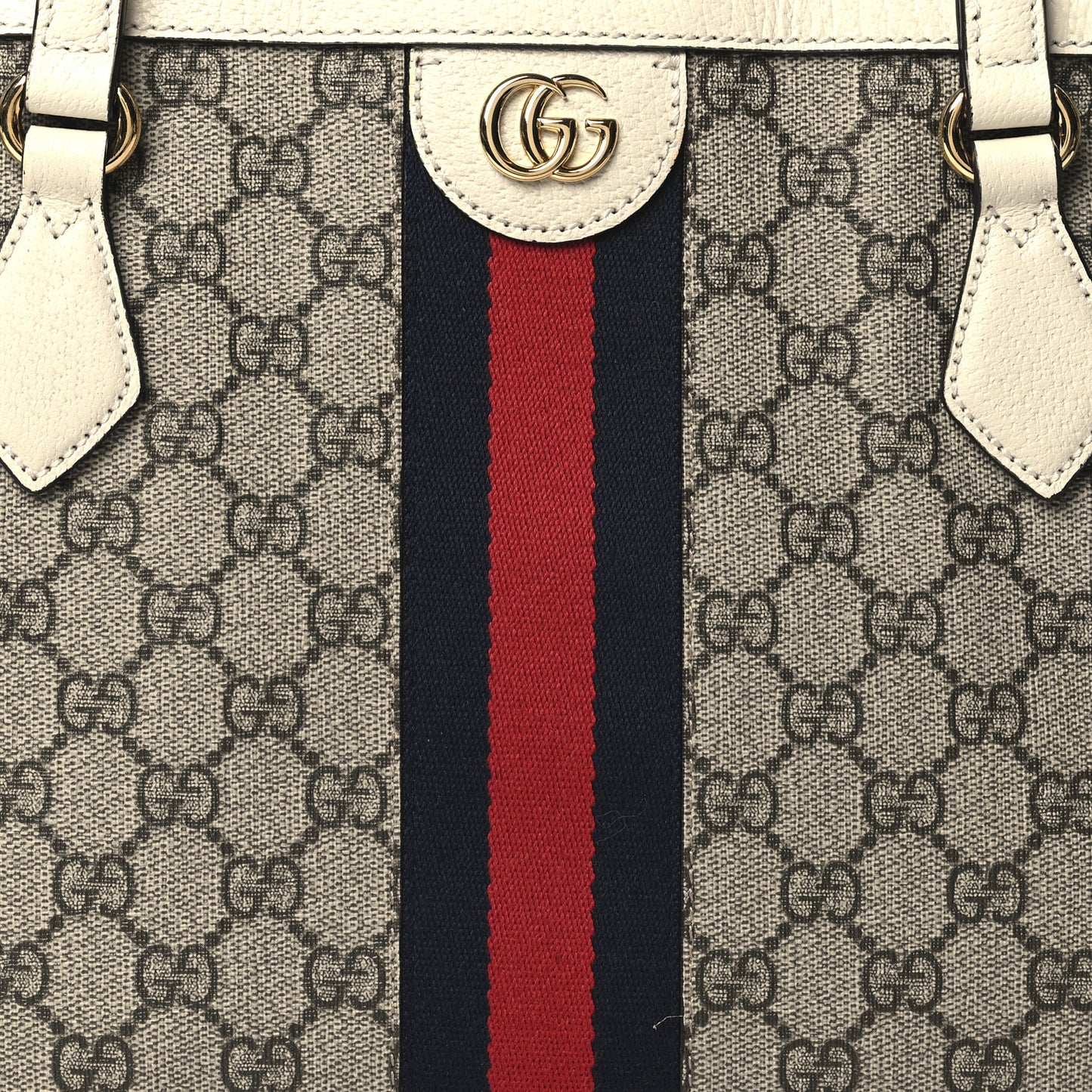 GG Supreme Monogram Textured Dollar Calfskin Web Medium Ophidia Shopping Tote Beige Ebony Mystic White
