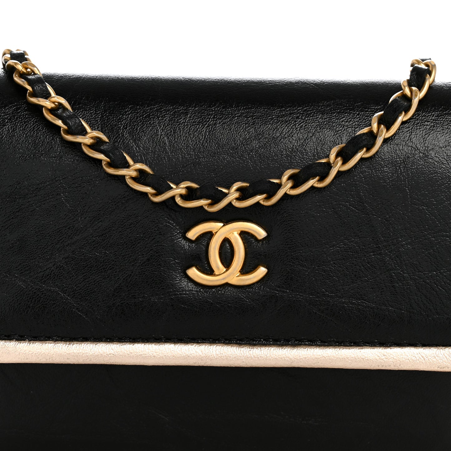 Metallic Calfskin Clutch With Chain Black Gold
