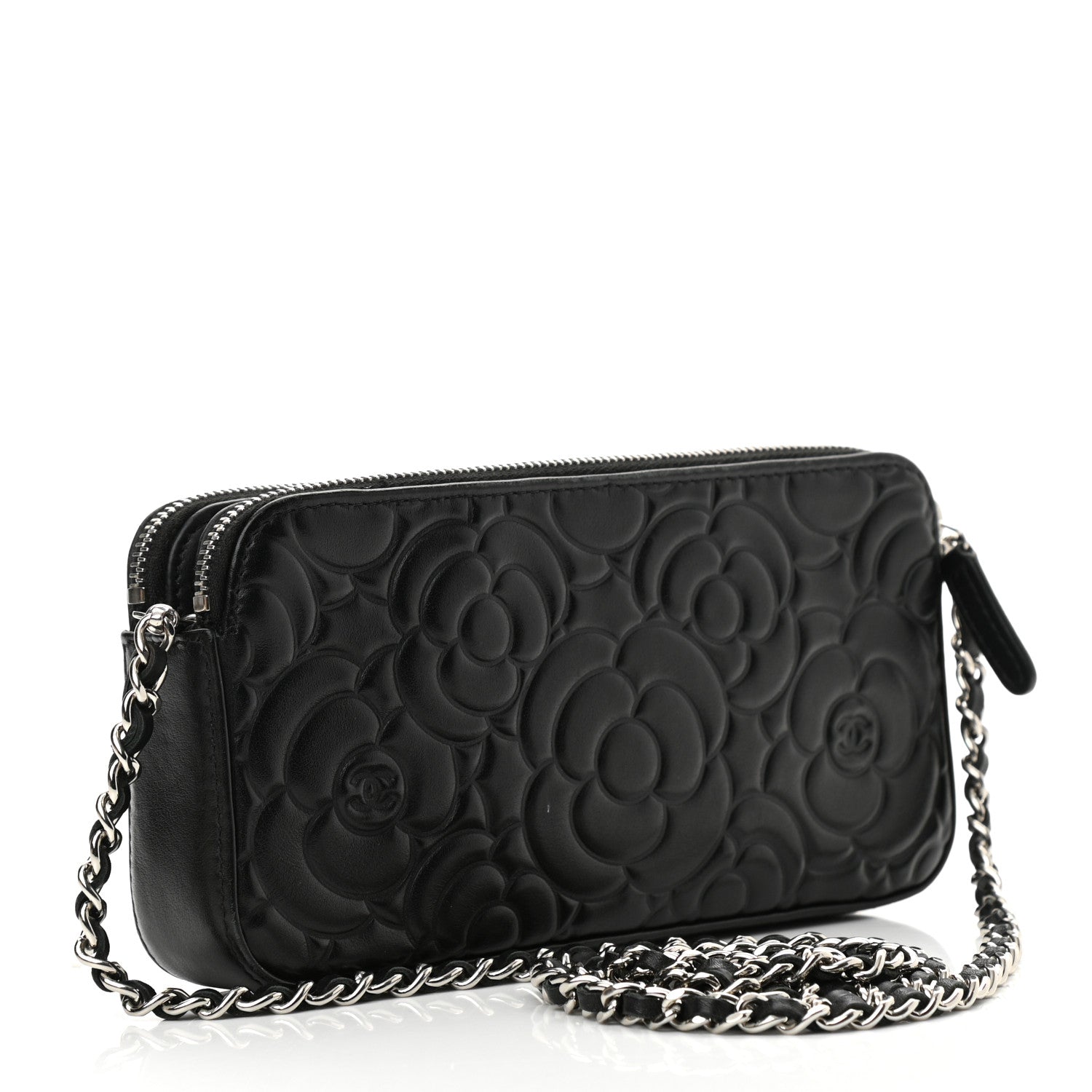 Chanel Lambskin Camellia Embossed Small Clutch With Chain Black 3 of 11