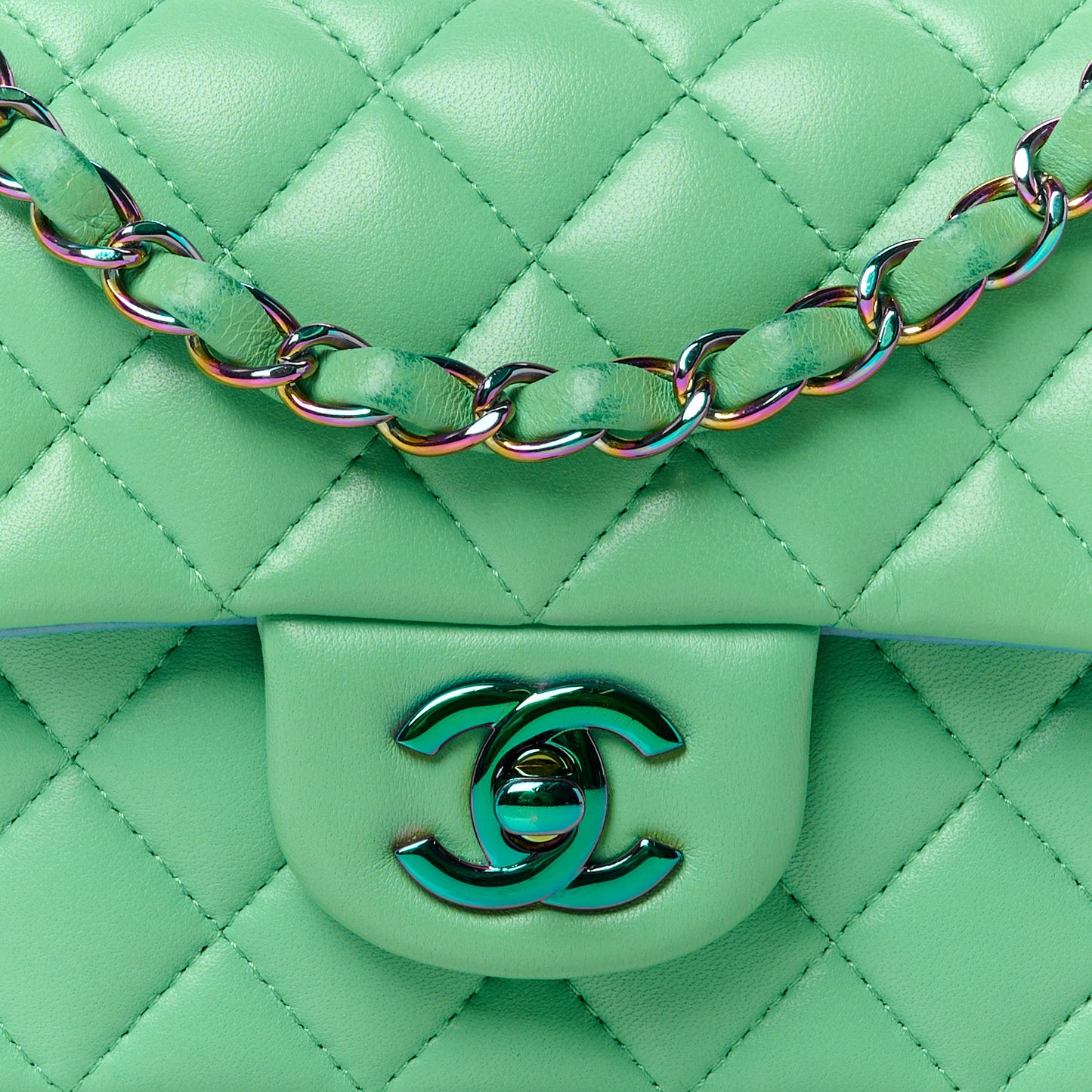 Lambskin Quilted Mini Rectangular Flap Green Blue
