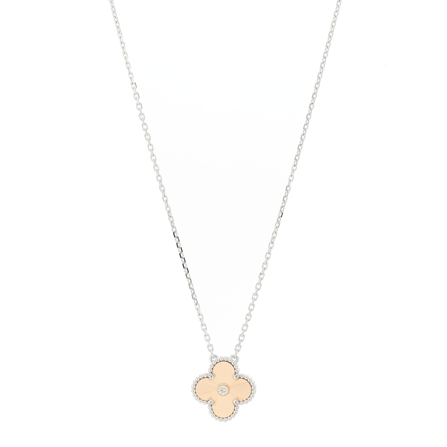 18K White Rose Gold Diamond Guilloche Vintage Alhambra Pendant Necklace