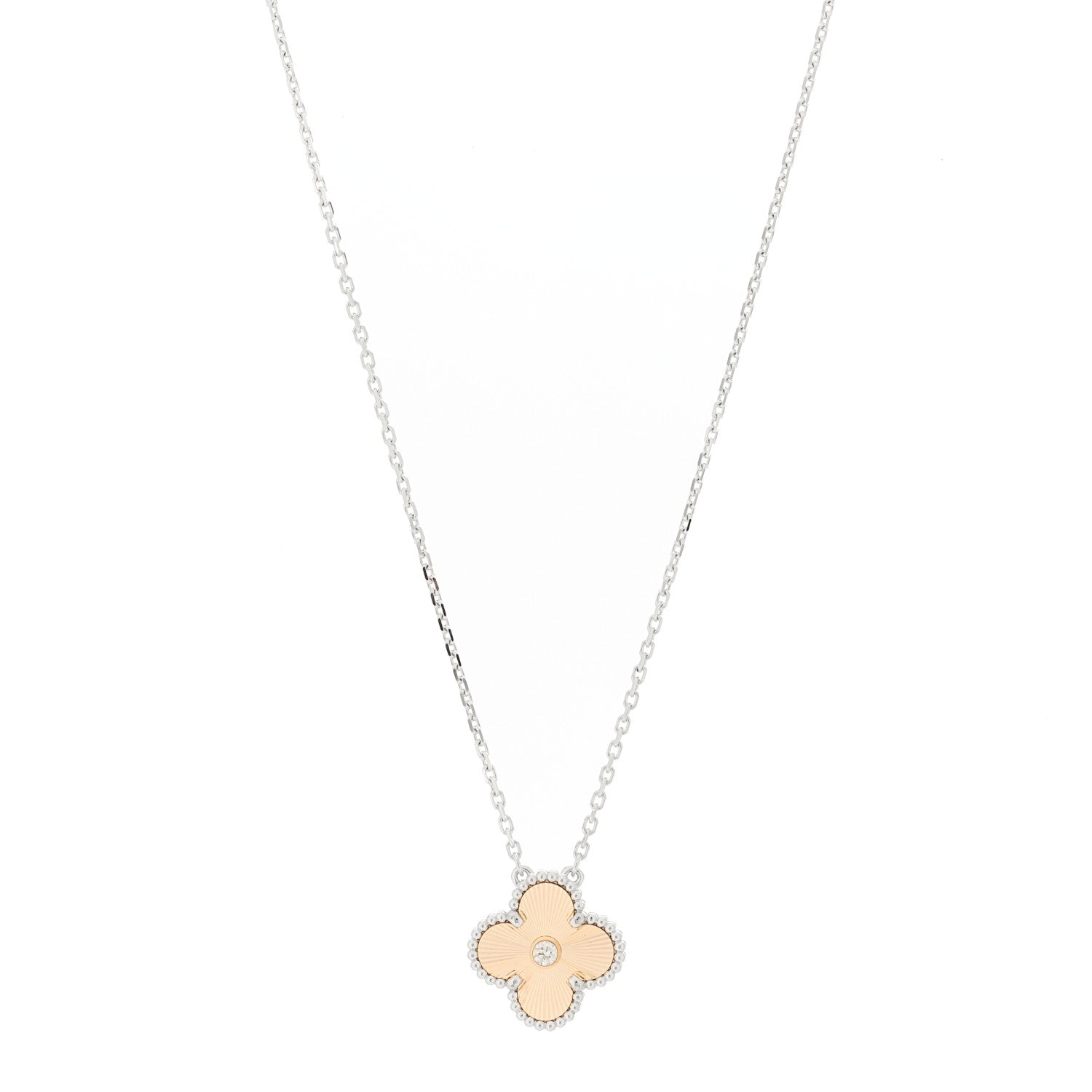 Van Cleef & Arpels 18K White Rose Gold Diamond Guilloche Vintage Alhambra Pendant Necklace 1 of 6