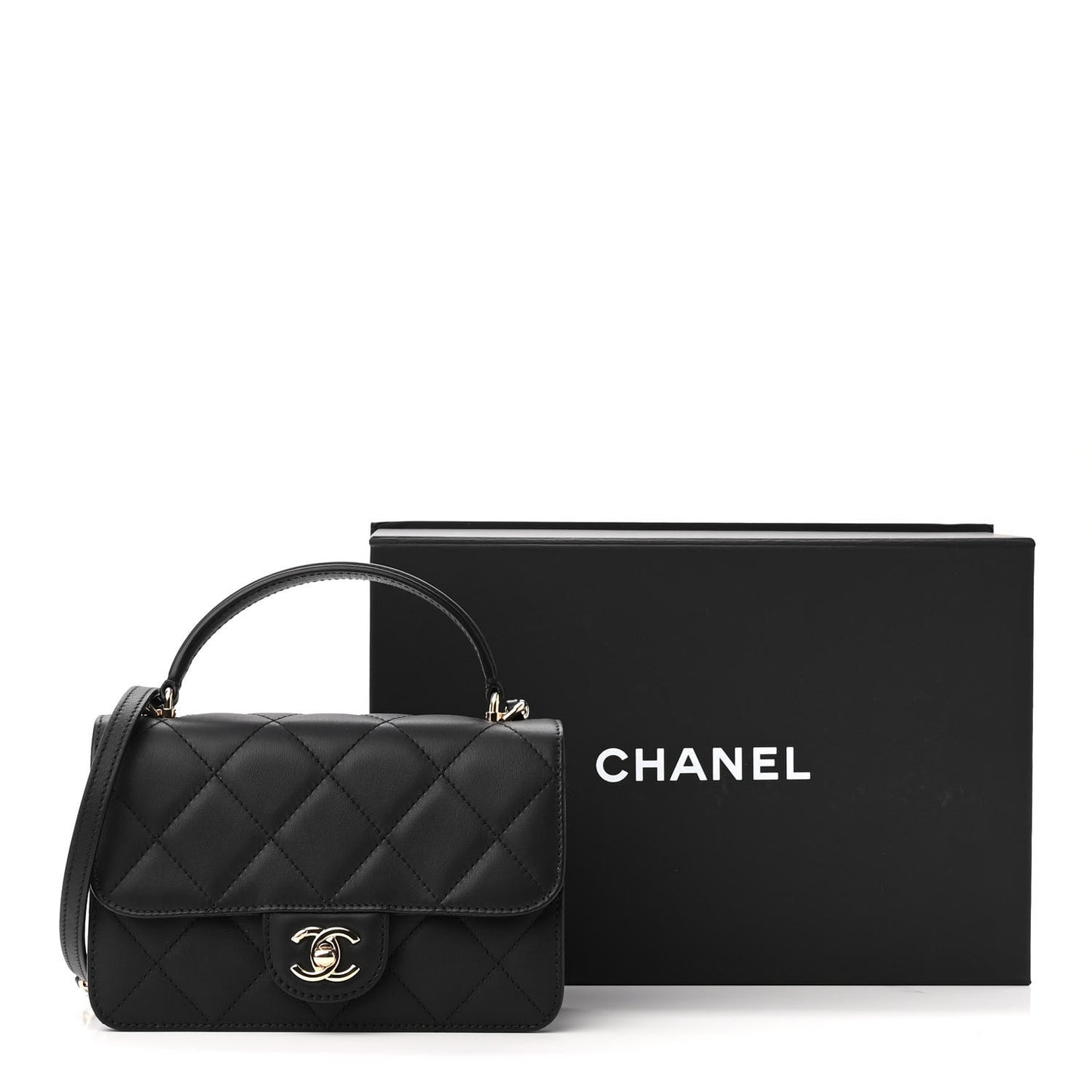 Calfskin Quilted Small Top Handle Flap Black