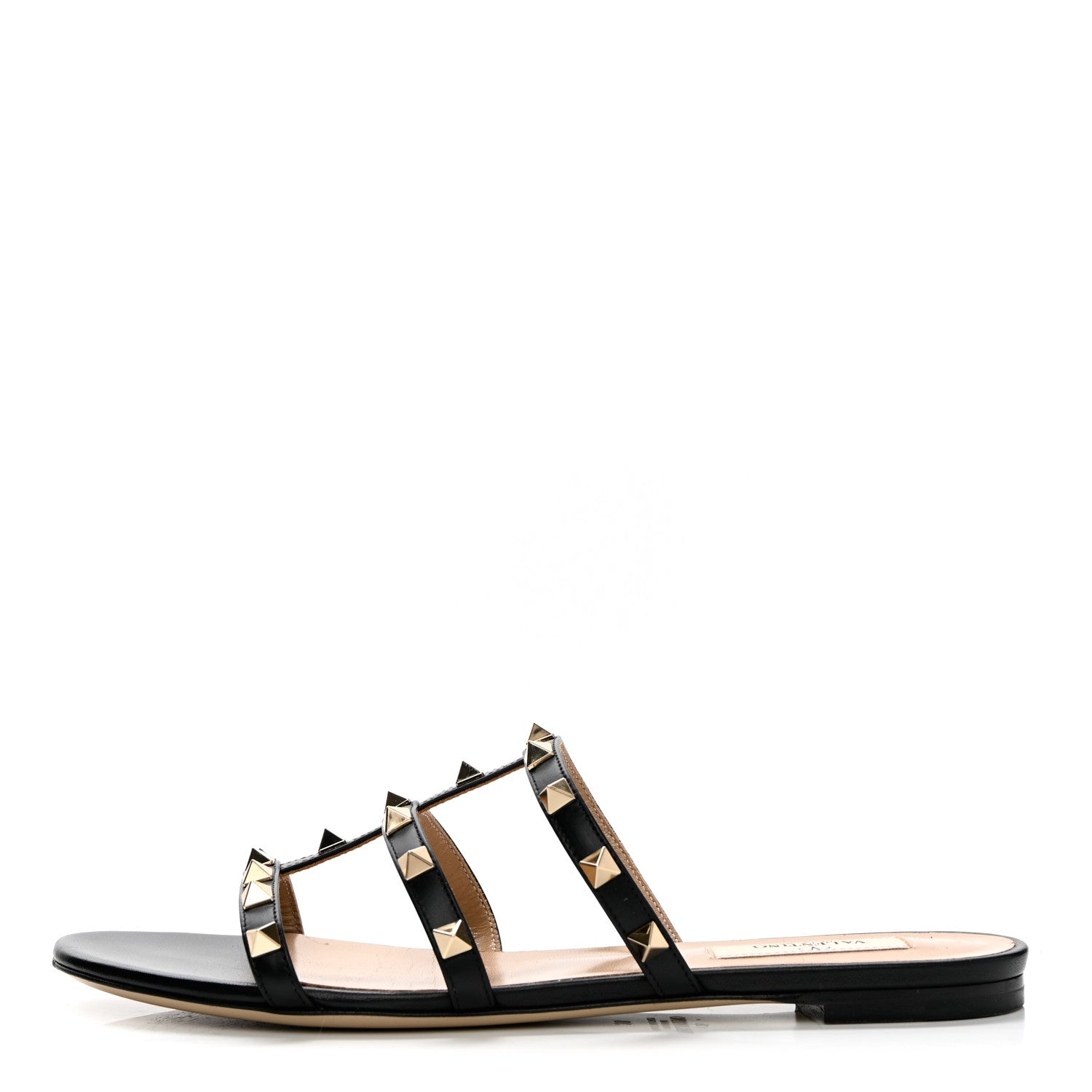 Valentino Garavani Calfskin Rockstud Caged Flat Slide Sandals 38 Black 1 of 13