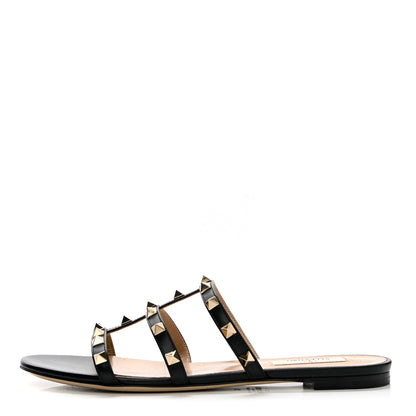 Valentino Garavani Calfskin Rockstud Caged Flat Slide Sandals 38 Black 1 of 13