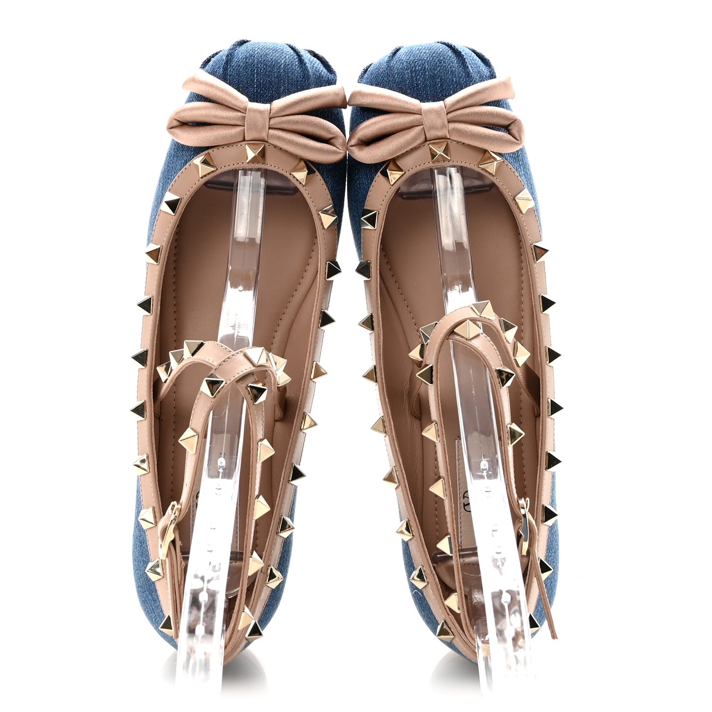 Denim Rockstud Bow Ankle Strap Ballerina Flats 37.5 Blue Rose Cannelle