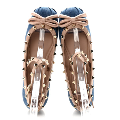 Valentino Garavani Denim Rockstud Bow Ankle Strap Ballerina Flats 37.5 Blue Rose Cannelle 2 of 10