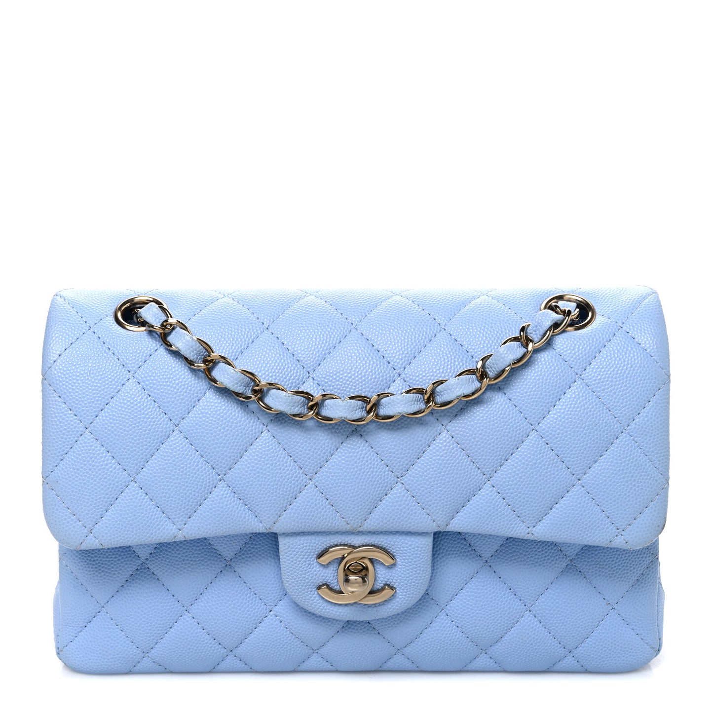 Caviar Quilted Small Double Flap Light Blue