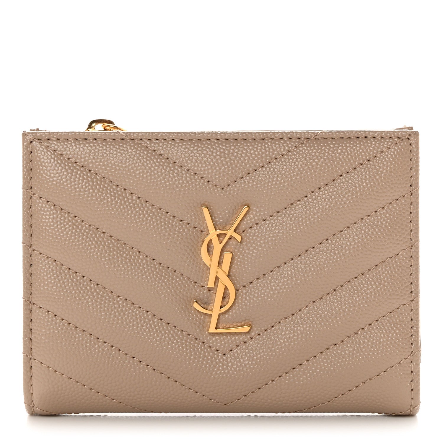 Saint Laurent Grain De Poudre Matelasse Chevron Monogram Zipped Two-Part Wallet Dark Beige 1 of 8