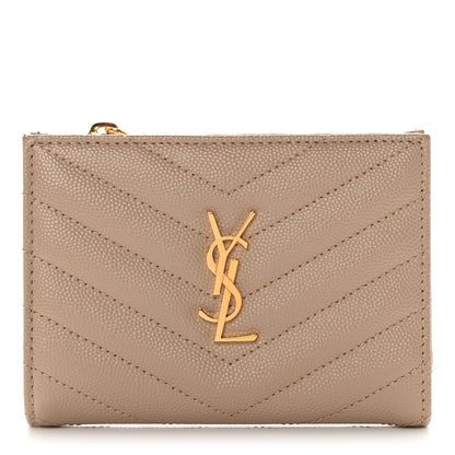 Saint Laurent Grain De Poudre Matelasse Chevron Monogram Zipped Two-Part Wallet Dark Beige 1 of 8