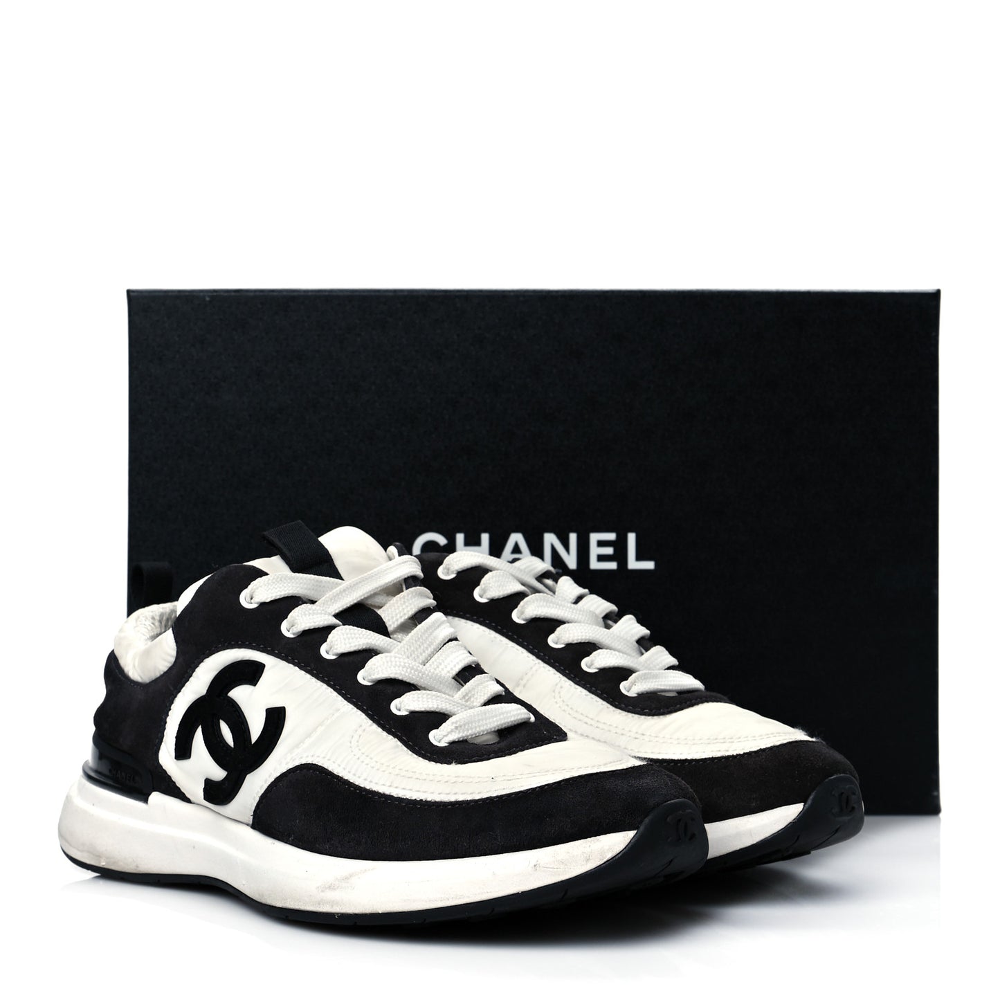 Nylon Suede Calfskin CC Sneakers 39.5 White Dark Grey