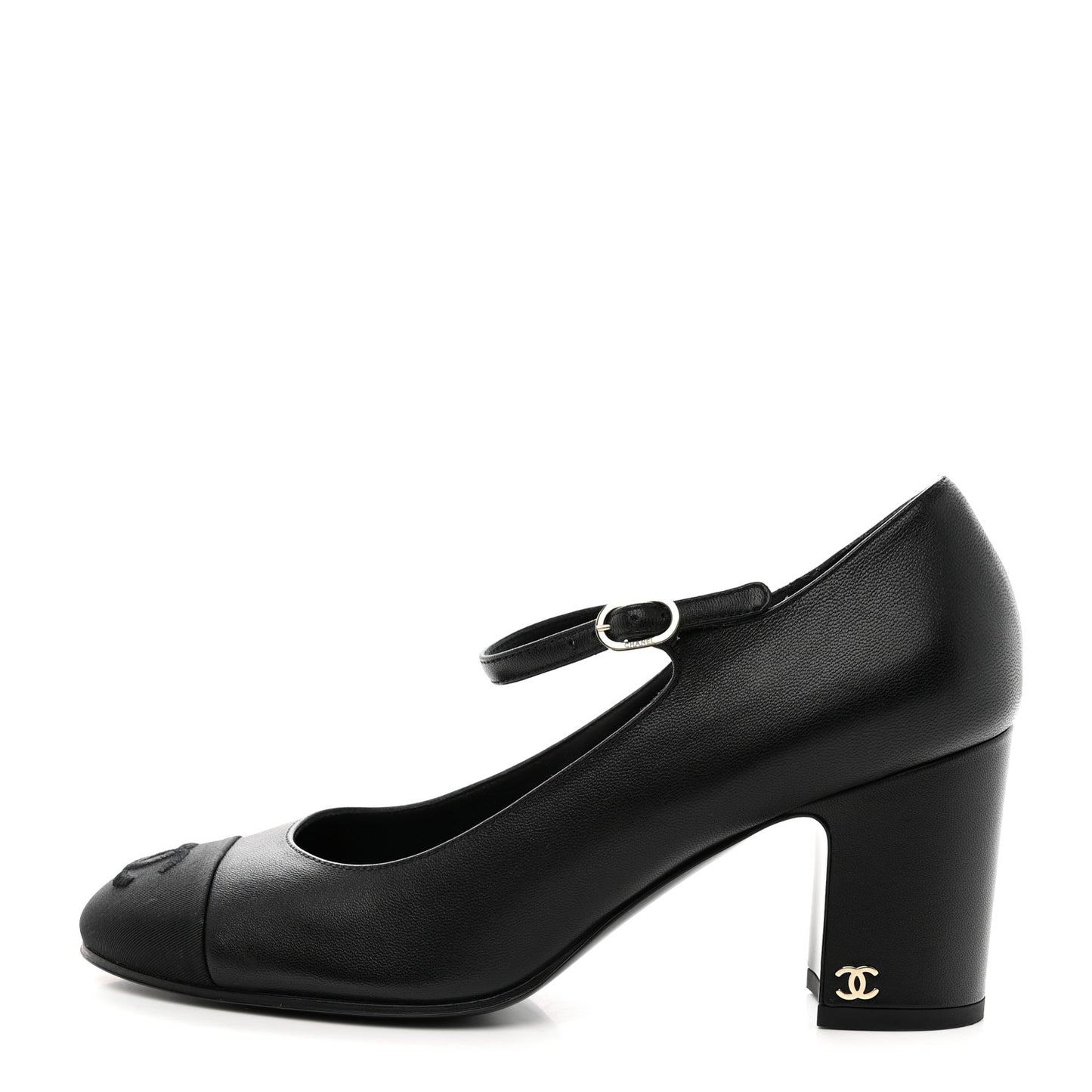 Lambskin Cap Toe Mary Jane Mid Heel Strap Pumps 38.5 Black