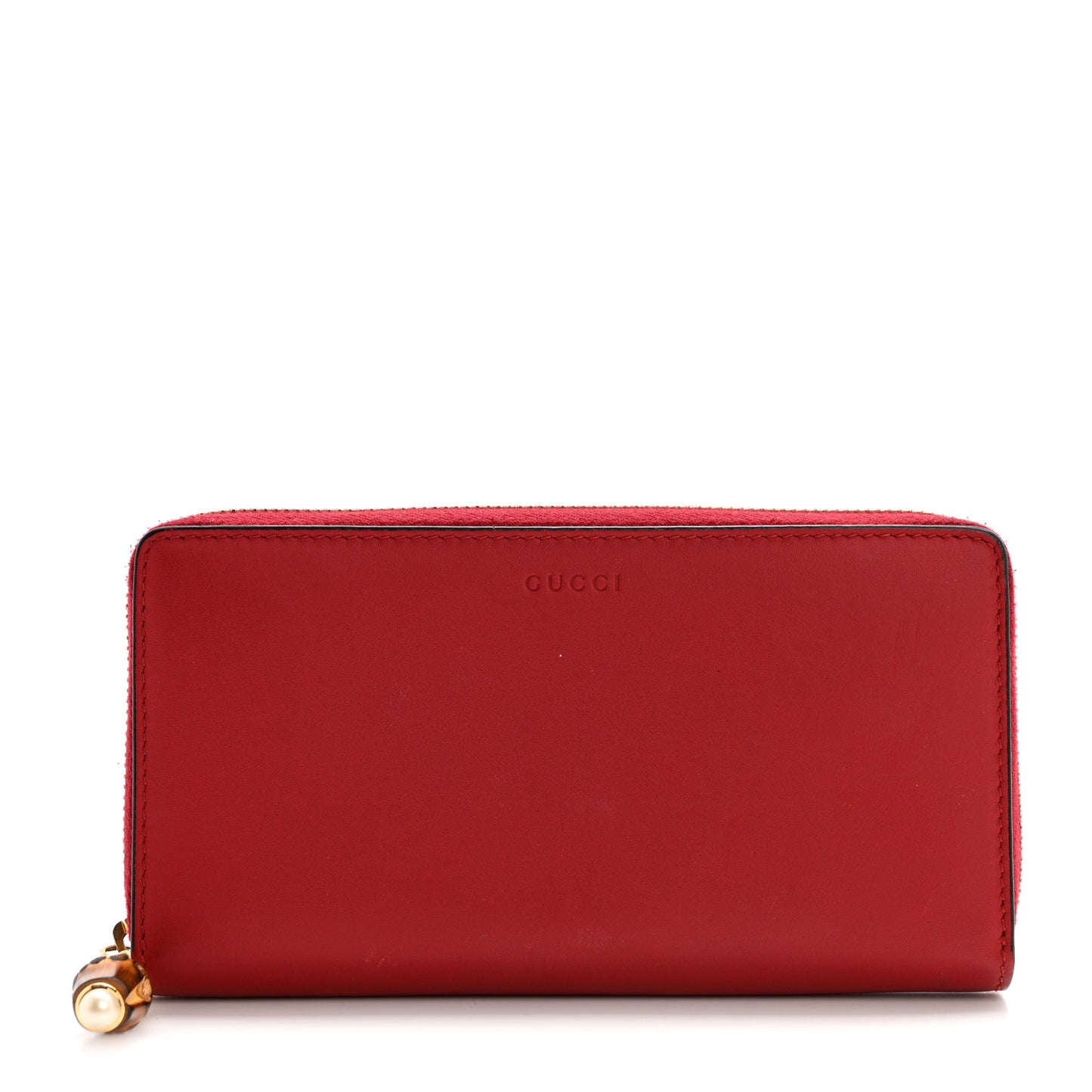 Calfskin Bamboo Round Zip Long Wallet Red
