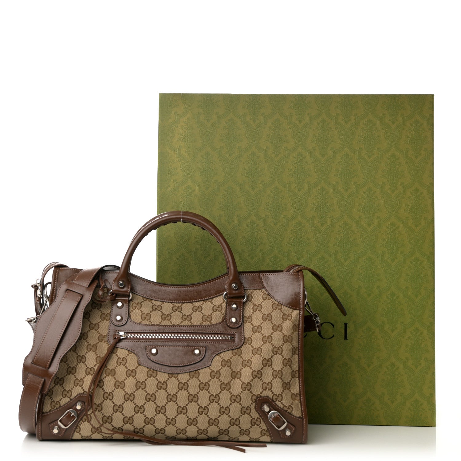 Balenciaga X GUCCI GG Monogram Azalea Calfskin Neo Classic Silver Hardware Medium City Beige Ebony Brown Sugar 12 of 12