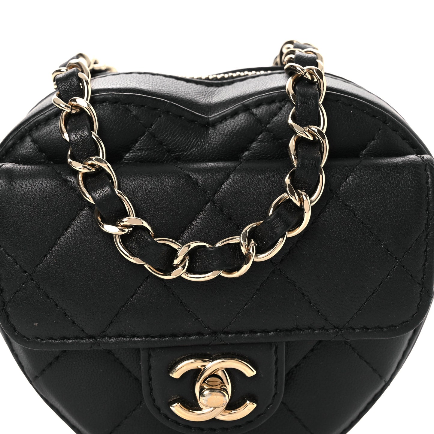 Lambskin Quilted CC In Love Heart Waist Belt Bag With Chain Black