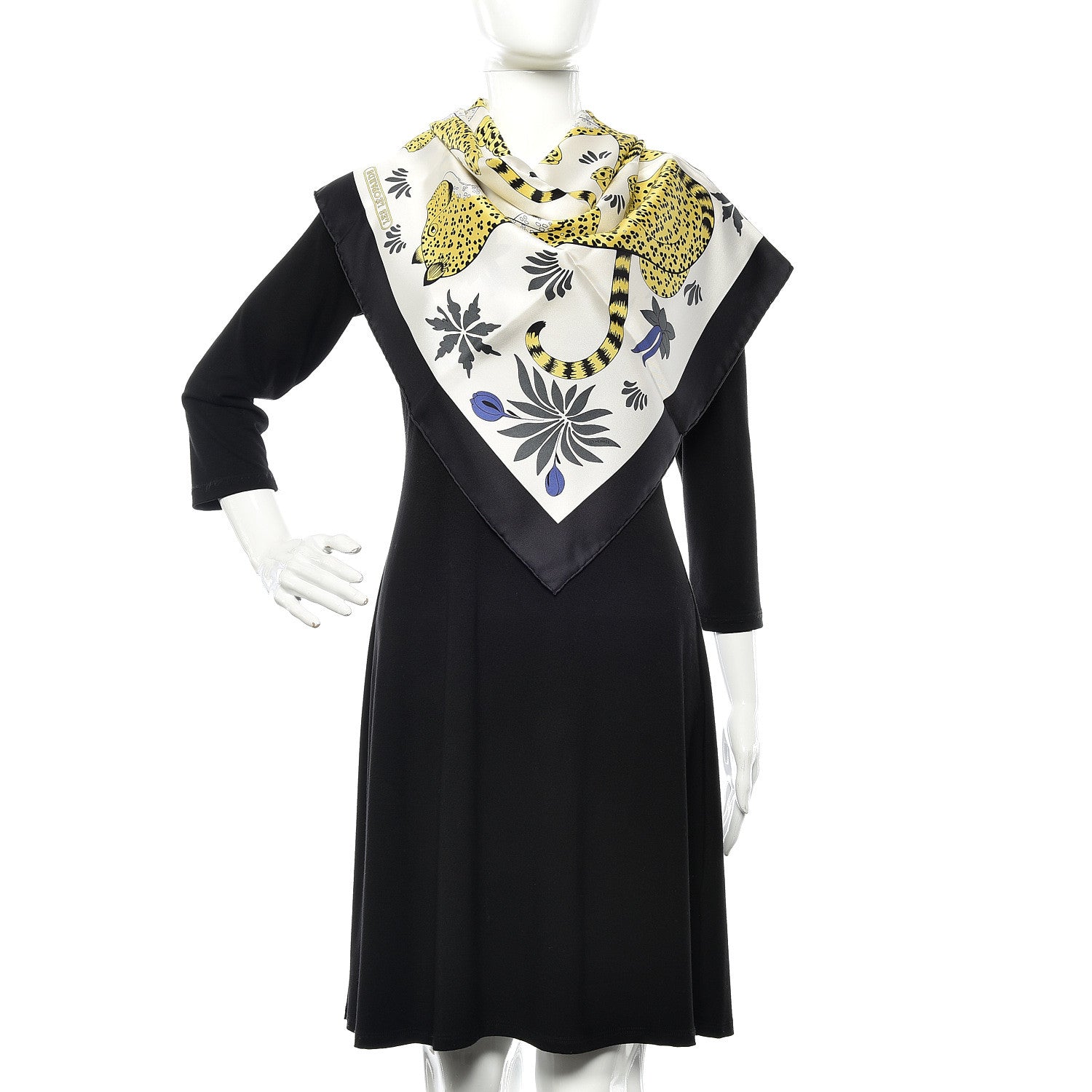 Hermes Silk Les Leopards Scarf 90 Black Blanc Jaune D'Or 2 of 4